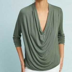 Anthropologie Maeve Melissa Draped Jersey Top Ruched Sleeve Olive Green Size M